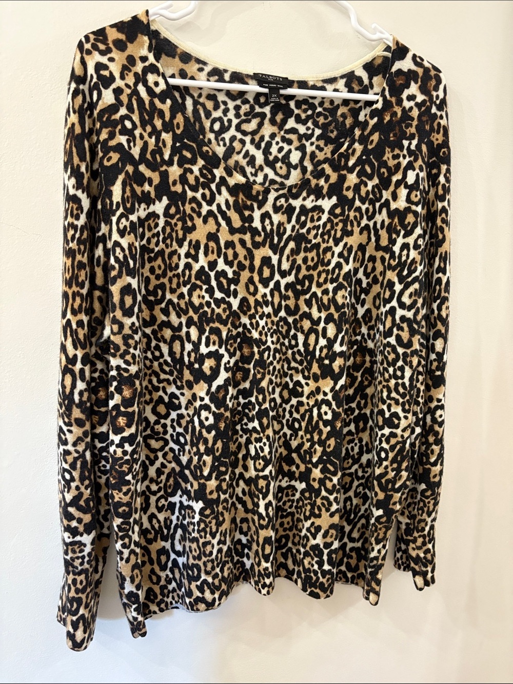 Talbots Plus Leopard Print Merino Wool Top - Brown Black Cream - size 2X